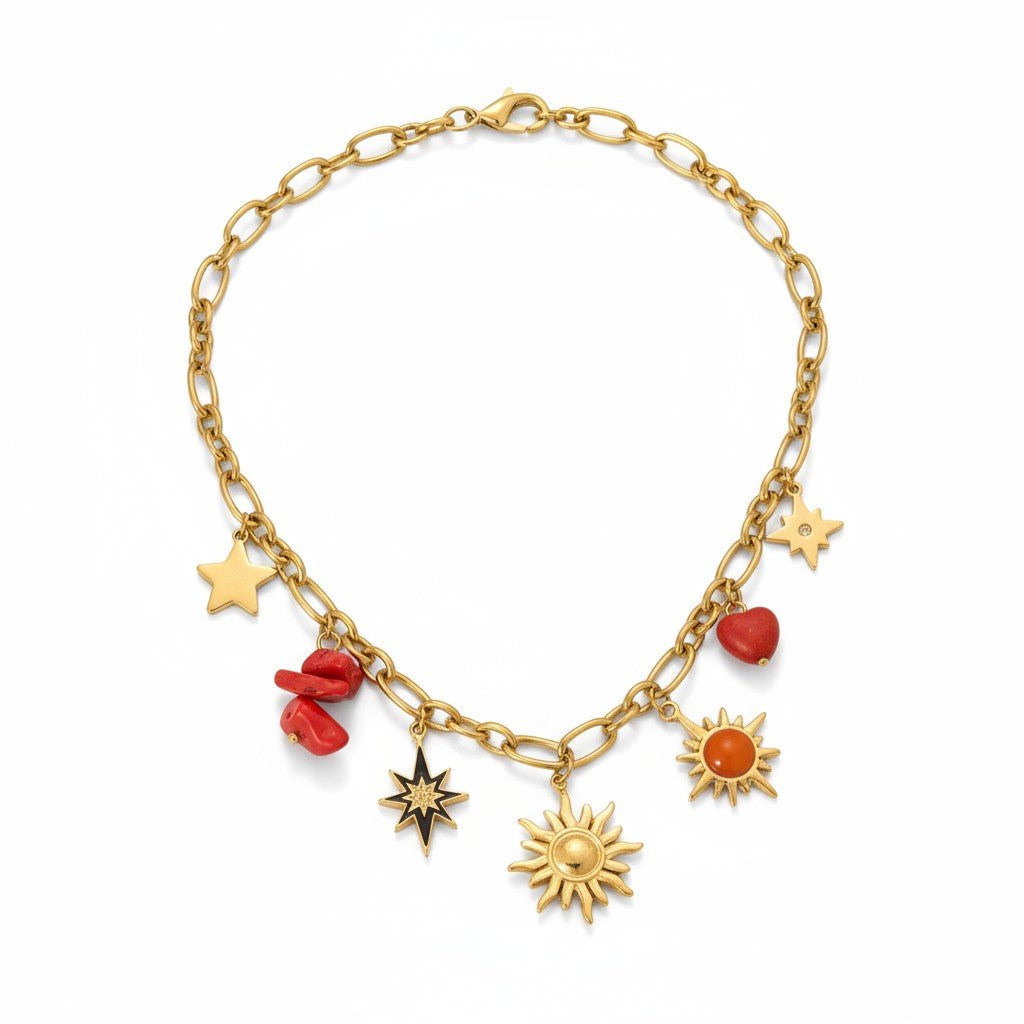 Goudkleurige bedel ketting met zon, hart & natuursteen - Aramat Jewels - Halskettingen - cadeautip
