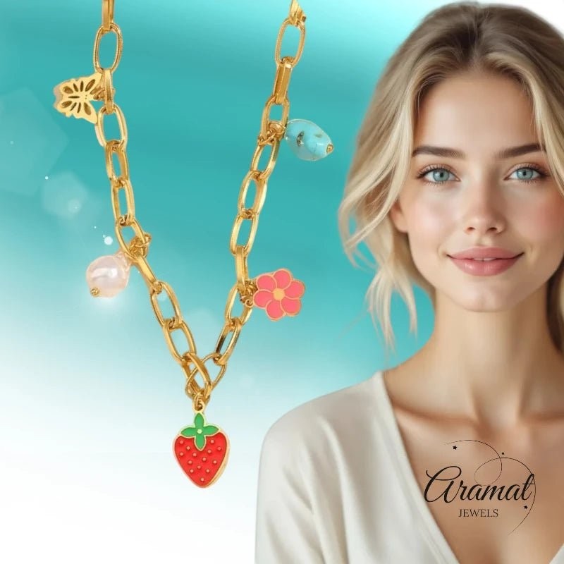 Goudkleurige bedelketting met parel, emaille & steen – 40+5 cm - ket1181 - 693727 - Halskettingen kopen# - 45cm - alles - Bedelketting