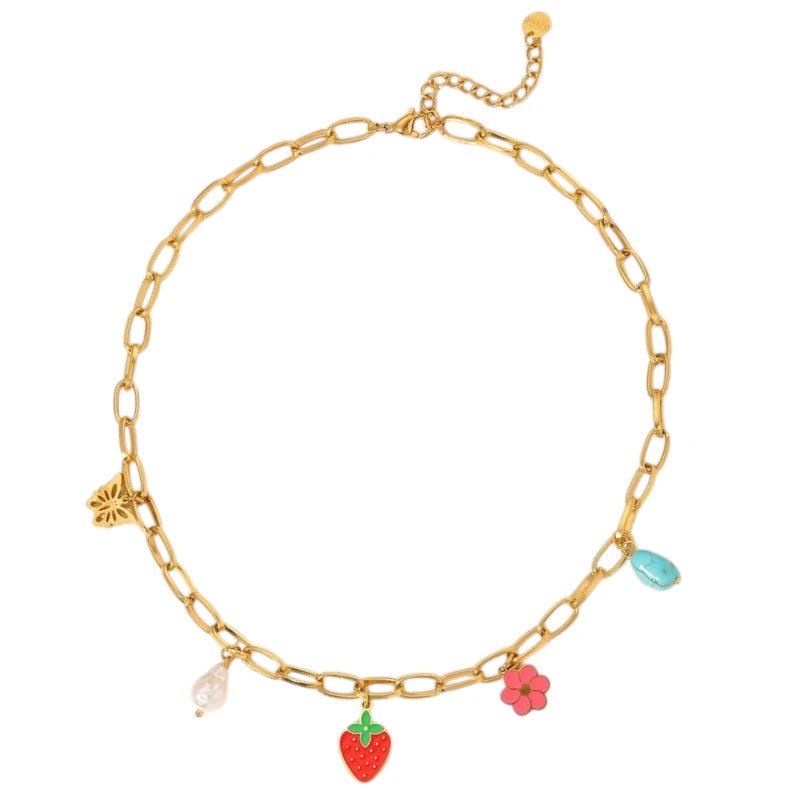 Goudkleurige bedelketting met parel, emaille & steen – 40+5 cm - ket1181 - 693727 - Halskettingen kopen# - 45cm - alles - Bedelketting