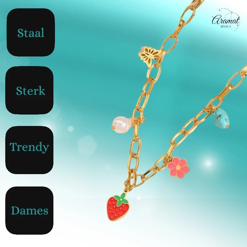 Goudkleurige bedelketting met parel, emaille & steen – 40+5 cm - ket1181 - 693727 - Halskettingen kopen# - 45cm - alles - Bedelketting