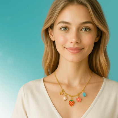 Goudkleurige bedelketting met parel, emaille & steen – 40+5 cm - ket1181 - 693727 - Halskettingen kopen# - 45cm - alles - Bedelketting