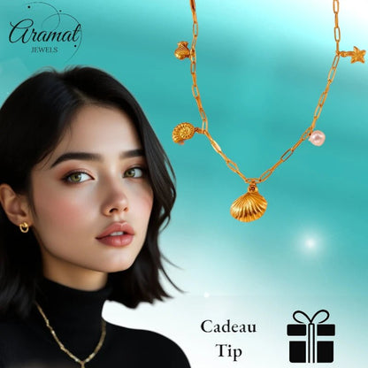 Goudkleurige bedelketting met parel & zeethema - ket1162 - 511145 - Halskettingen kopen# - 45cm - alles - Bedelketting