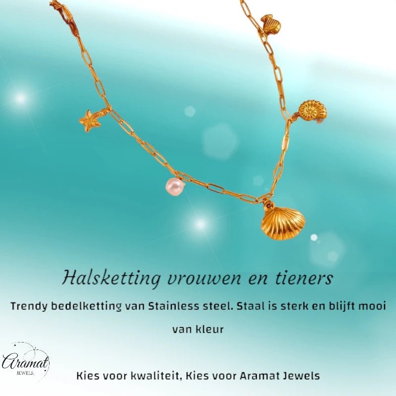 Goudkleurige bedelketting met parel & zeethema - ket1162 - 511145 - Halskettingen kopen# - 45cm - alles - Bedelketting