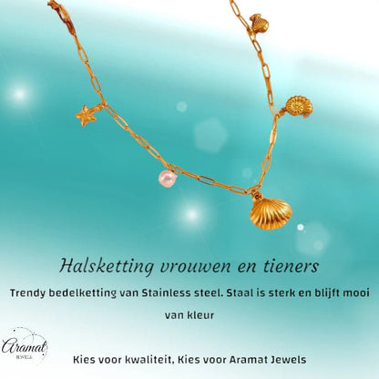 Goudkleurige bedelketting met parel & zeethema - ket1162 - 511145 - Halskettingen kopen# - 45cm - alles - Bedelketting