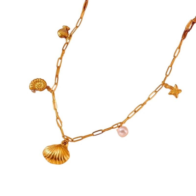 Goudkleurige bedelketting met parel & zeethema - ket1162 - 511145 - Halskettingen kopen# - 45cm - alles - Bedelketting