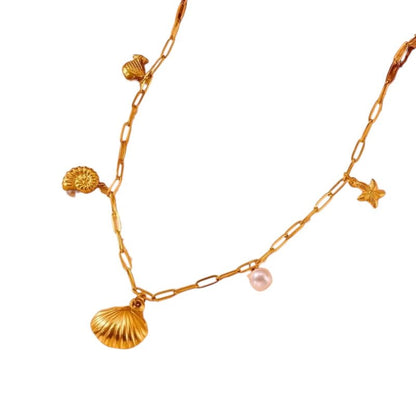 Goudkleurige bedelketting met parel & zeethema - ket1162 - 511145 - Halskettingen kopen# - 45cm - alles - Bedelketting