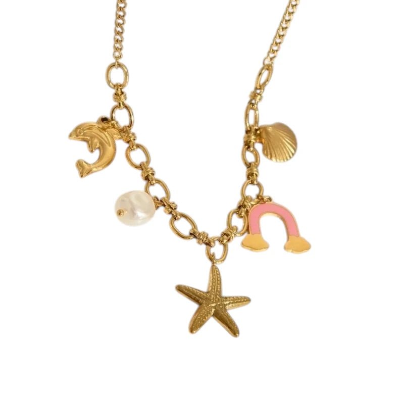 Goudkleurige bedelketting met roze emaille & parel – 40+5 cm - ket1180 - 544183 - Halskettingen kopen# - 45cm - alles - Bedelketting