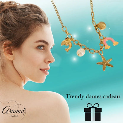 Goudkleurige bedelketting met roze emaille & parel – 40+5 cm - ket1180 - 544183 - Halskettingen kopen# - 45cm - alles - Bedelketting