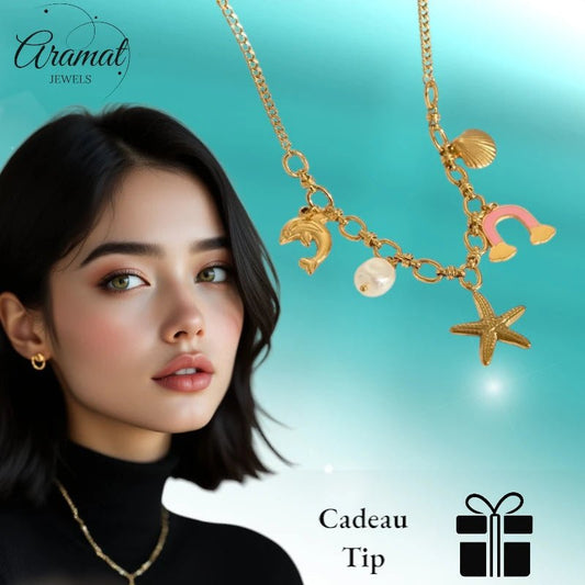 Goudkleurige bedelketting met roze emaille & parel – 40+5 cm - ket1180 - 544183 - Halskettingen kopen# - 45cm - alles - Bedelketting