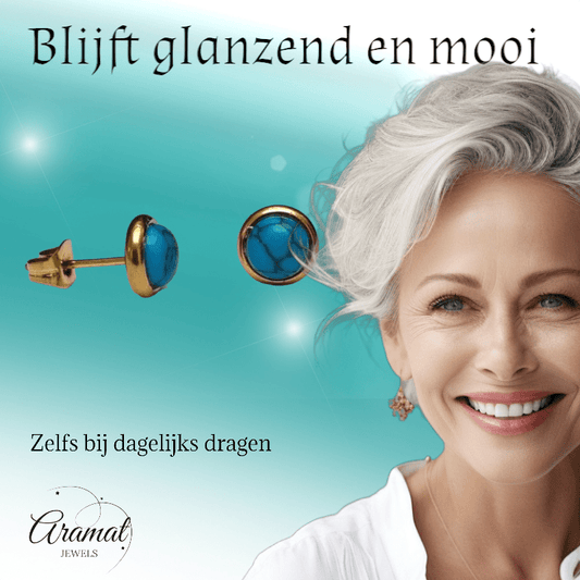Goudkleurige Boho Oorbellen Blauw Marmer 8mm - oor3235 - Oorbellen kopen# - 8mm - alles - blauw