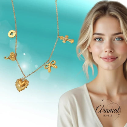 Goudkleurige damesketting met kristal en bedels - ket1167 - 919868 - Halskettingen kopen# - 40cm - alles - Bedelketting
