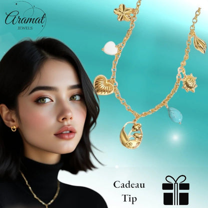 Goudkleurige damesketting met natuursteen & schelpbedels – 45+5 cm - ket1178 - 769523 - Halskettingen kopen# - 45cm - alles - Bedelketting