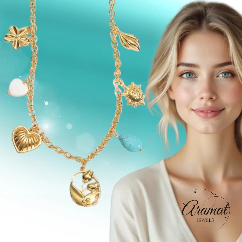 Goudkleurige damesketting met natuursteen & schelpbedels – 45+5 cm - ket1178 - 769523 - Halskettingen kopen# - 45cm - alles - Bedelketting