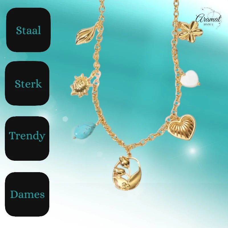 Goudkleurige damesketting met natuursteen & schelpbedels – 45+5 cm - ket1178 - 769523 - Halskettingen kopen# - 45cm - alles - Bedelketting