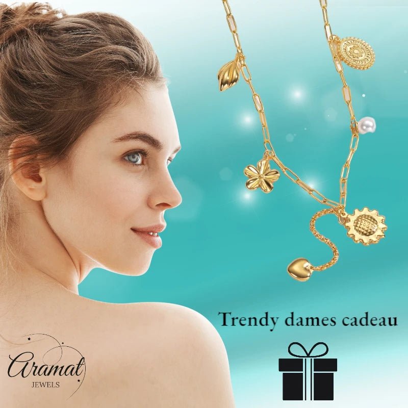 Goudkleurige damesketting met parel en bedels – 45+5 cm - ket1176 - 769522 - Halskettingen kopen# - 45cm - alles - Bedelketting