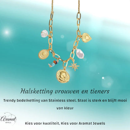 Goudkleurige damesketting met parel & kristalbedels – 45+5 cm - ket1177 - 769521 - Halskettingen kopen# - 45cm - alles - Bedelketting