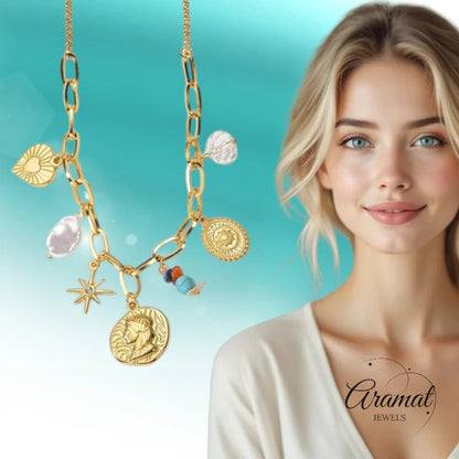 Goudkleurige damesketting met parel & kristalbedels – 45+5 cm - ket1177 - 769521 - Halskettingen kopen# - 45cm - alles - Bedelketting