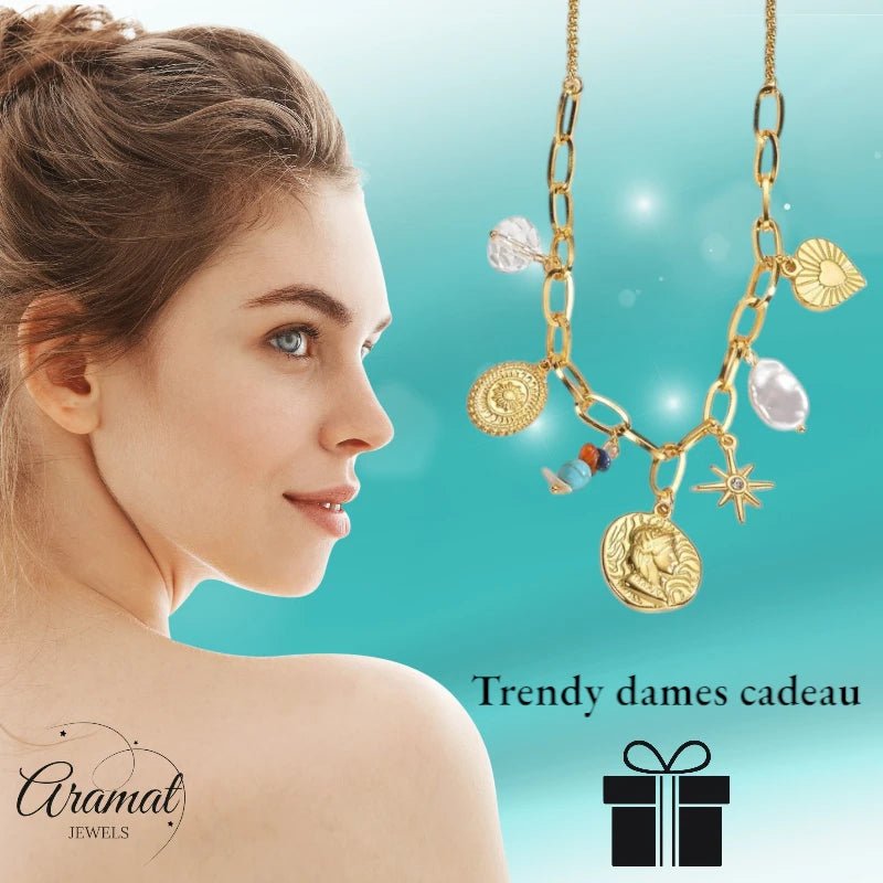 Goudkleurige damesketting met parel & kristalbedels – 45+5 cm - ket1177 - 769521 - Halskettingen kopen# - 45cm - alles - Bedelketting