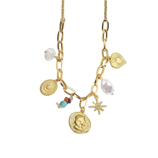 Goudkleurige damesketting met parel & kristalbedels – 45+5 cm - ket1177 - 769521 - Halskettingen kopen# - 45cm - alles - Bedelketting