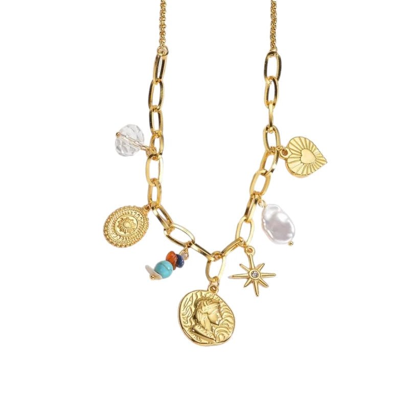 Goudkleurige damesketting met parel & kristalbedels – 45+5 cm - ket1177 - 769521 - Halskettingen kopen# - 45cm - alles - Bedelketting