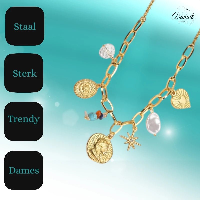 Goudkleurige damesketting met parel & kristalbedels – 45+5 cm - ket1177 - 769521 - Halskettingen kopen# - 45cm - alles - Bedelketting