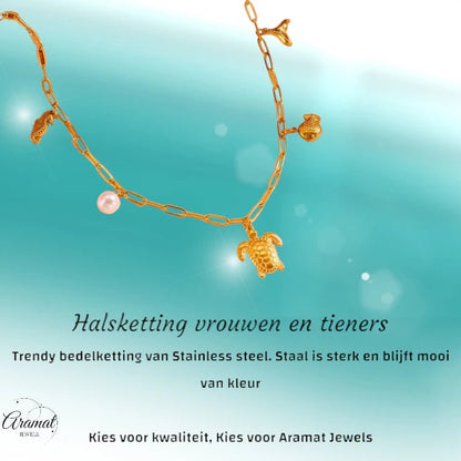 Goudkleurige damesketting met parel & zee - bedels – 45 cm - ket1174 - 511141 - Halskettingen kopen# - 45cm - alles - Bedelketting
