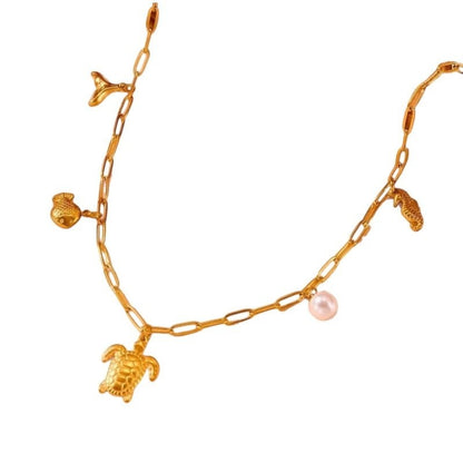Goudkleurige damesketting met parel & zee - bedels – 45 cm - ket1174 - 511141 - Halskettingen kopen# - 45cm - alles - Bedelketting