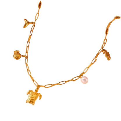 Goudkleurige damesketting met parel & zee - bedels – 45 cm - ket1174 - 511141 - Halskettingen kopen# - 45cm - alles - Bedelketting