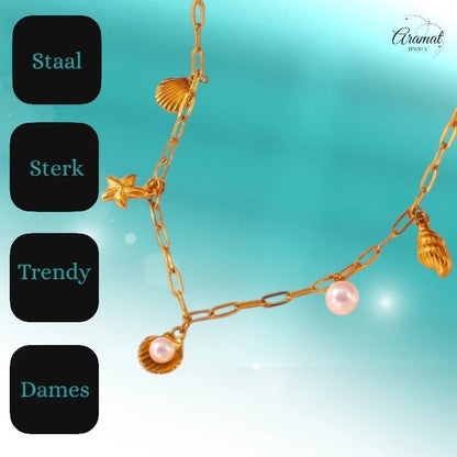 Goudkleurige damesketting met schelp - en parelbedels - ket1165 - 511143 - Halskettingen kopen# - 45cm - alles - Bedelketting