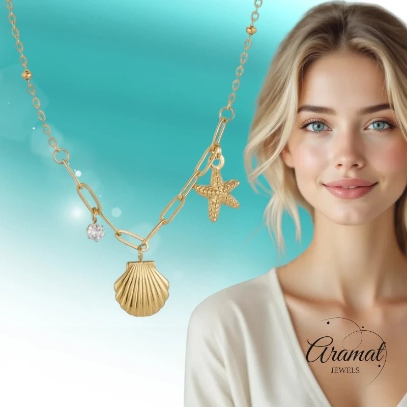 Goudkleurige damesketting met schelp & zirkonia – 40+5 cm - ket1171 - 658905 - Halskettingen kopen# - 40cm - alles - Bedelketting