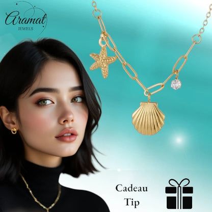 Goudkleurige damesketting met schelp & zirkonia – 40+5 cm - ket1171 - 658905 - Halskettingen kopen# - 40cm - alles - Bedelketting