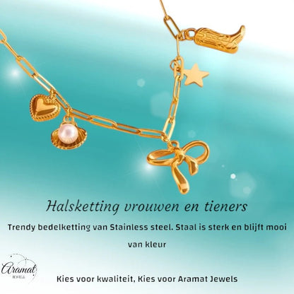 Goudkleurige damesketting met speelse bedels – 45+5 cm - ket1166 - 511135 - Halskettingen kopen# - 45cm - alles - Bedelketting