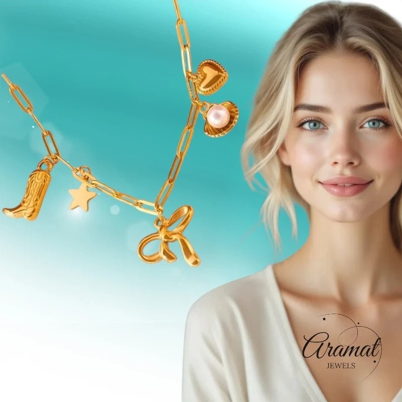 Goudkleurige damesketting met speelse bedels – 45+5 cm - ket1166 - 511135 - Halskettingen kopen# - 45cm - alles - Bedelketting
