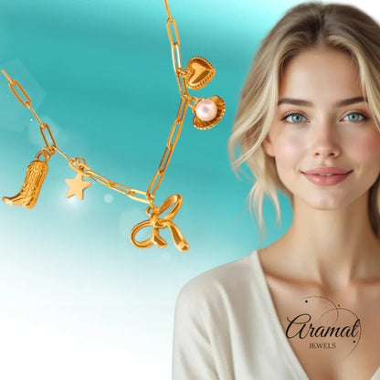 Goudkleurige damesketting met speelse bedels – 45+5 cm - ket1166 - 511135 - Halskettingen kopen# - 45cm - alles - Bedelketting