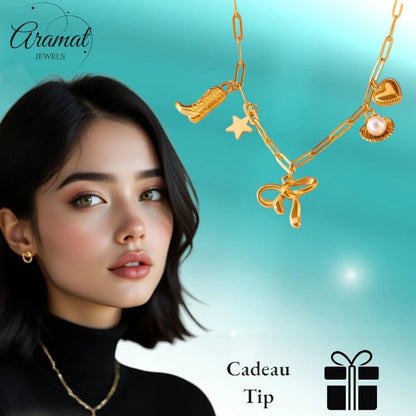 Goudkleurige damesketting met speelse bedels – 45+5 cm - ket1166 - 511135 - Halskettingen kopen# - 45cm - alles - Bedelketting