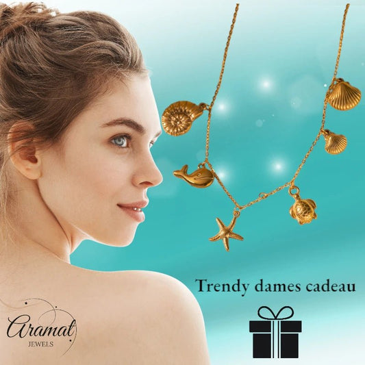 Goudkleurige damesketting met zee - bedels – 40+5 cm - ket1169 - 599158 - Halskettingen kopen# - 40cm - alles - Bedelketting