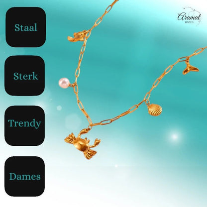 Goudkleurige damesketting met zee - bedels – 45 cm - ket1168 - 511144 - Halskettingen kopen# - 45cm - alles - Bedelketting