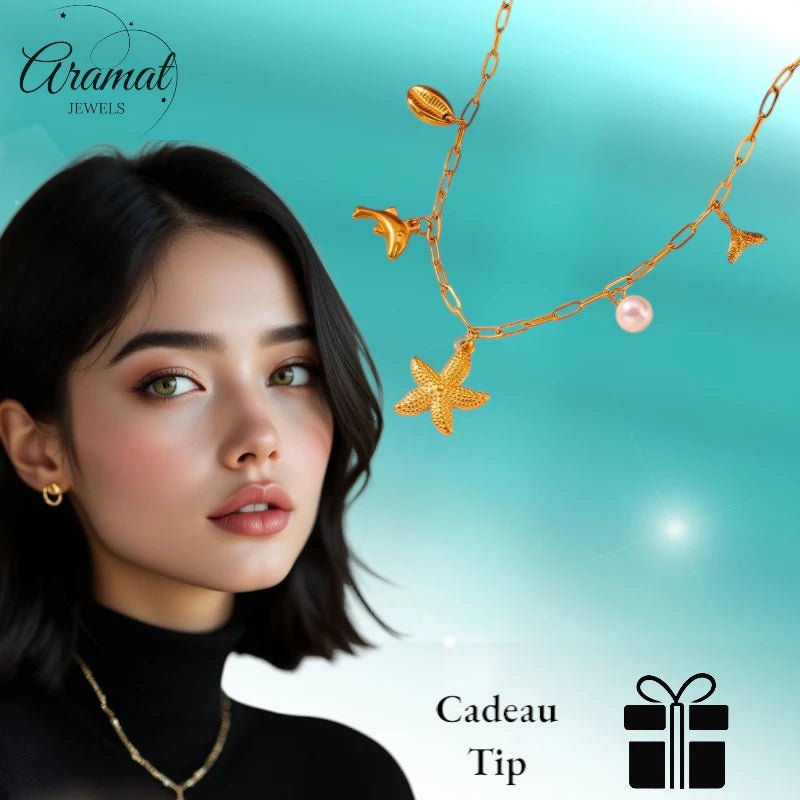 Goudkleurige damesketting met zee - bedels en parel – 45 cm - ket1170 - 511142 - Halskettingen kopen# - 45cm - alles - Bedelketting