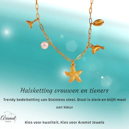 Goudkleurige damesketting met zee - bedels en parel – 45 cm - ket1170 - 511142 - Halskettingen kopen# - 45cm - alles - Bedelketting