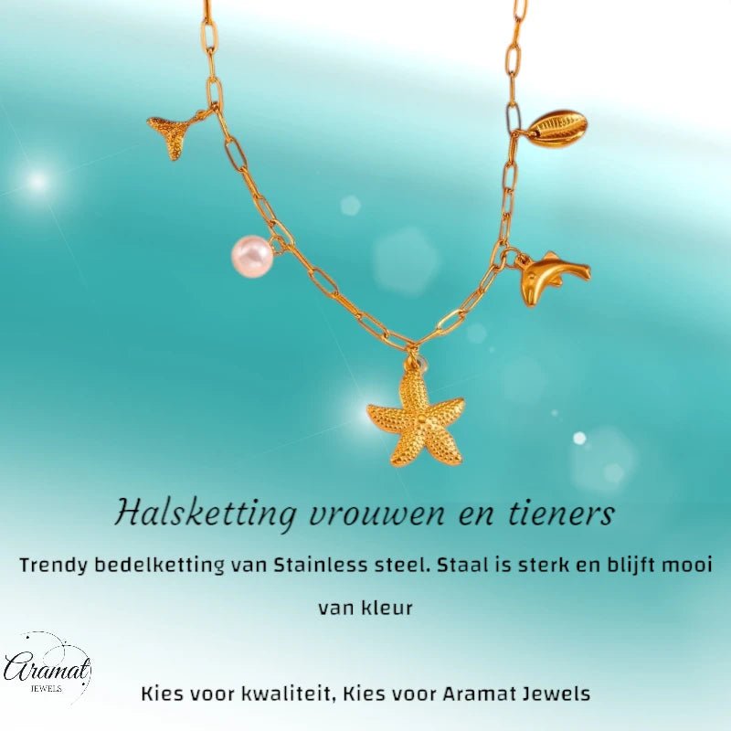 Goudkleurige damesketting met zee - bedels en parel – 45 cm - ket1170 - 511142 - Halskettingen kopen# - 45cm - alles - Bedelketting