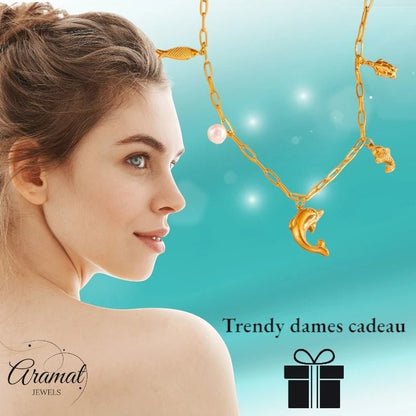 Goudkleurige damesketting met zee - bedels & parel – 45 cm - ket1175 - 511146 - Halskettingen kopen# - 45cm - alles - Bedelketting