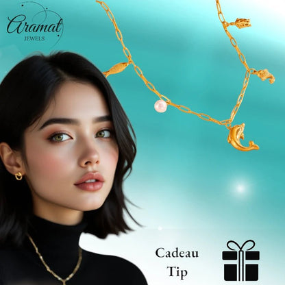 Goudkleurige damesketting met zee - bedels & parel – 45 cm - ket1175 - 511146 - Halskettingen kopen# - 45cm - alles - Bedelketting