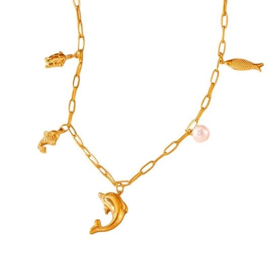 Goudkleurige damesketting met zee - bedels & parel – 45 cm - ket1175 - 511146 - Halskettingen kopen# - 45cm - alles - Bedelketting