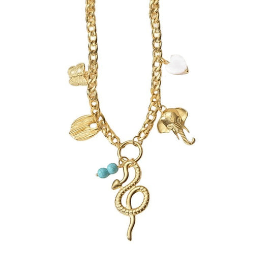 Goudkleurige gourmetketting met natuursteen & bedels – 45+5 cm - ket1179 - 769520 - Halskettingen kopen# - 45cm - alles - Bedelketting