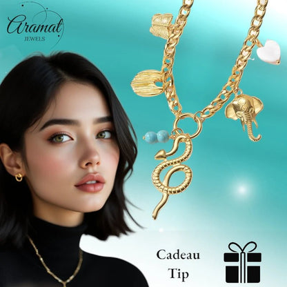 Goudkleurige gourmetketting met natuursteen & bedels – 45+5 cm - ket1179 - 769520 - Halskettingen kopen# - 45cm - alles - Bedelketting