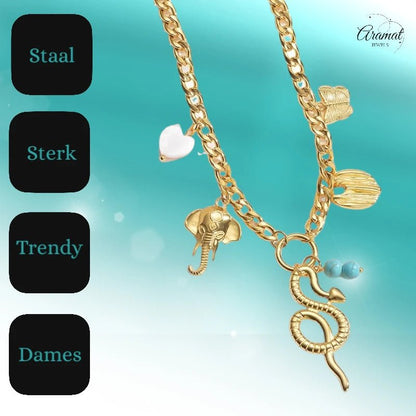 Goudkleurige gourmetketting met natuursteen & bedels – 45+5 cm - ket1179 - 769520 - Halskettingen kopen# - 45cm - alles - Bedelketting