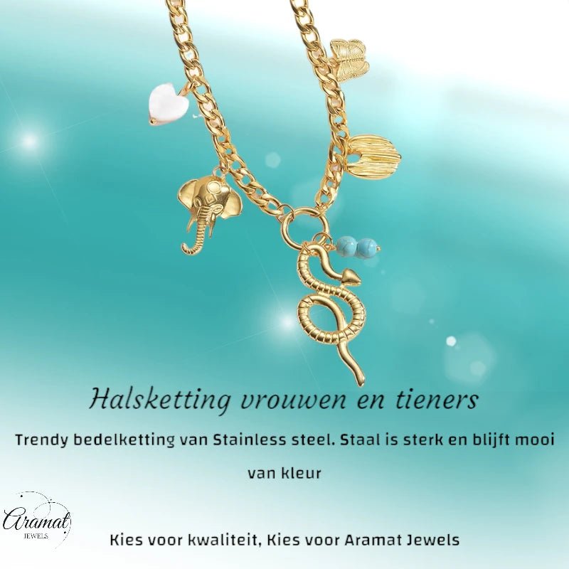 Goudkleurige gourmetketting met natuursteen & bedels – 45+5 cm - ket1179 - 769520 - Halskettingen kopen# - 45cm - alles - Bedelketting