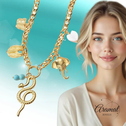 Goudkleurige gourmetketting met natuursteen & bedels – 45+5 cm - ket1179 - 769520 - Halskettingen kopen# - 45cm - alles - Bedelketting