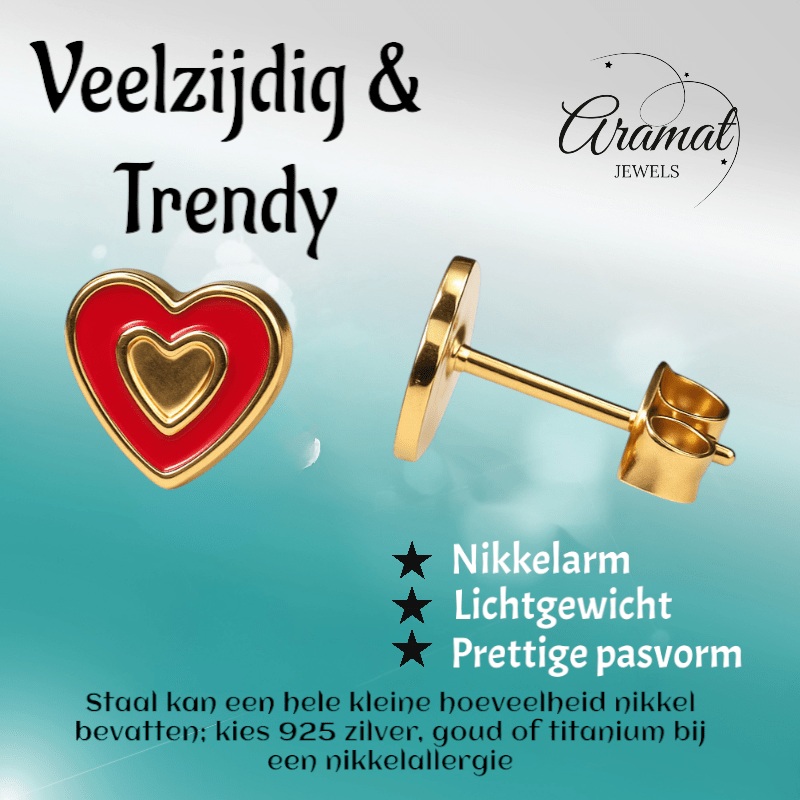 Goudkleurige hartjes oorbellen met rood emaille - oor6077 - Oorbellen kopen# - 6mm - alles - cadeau