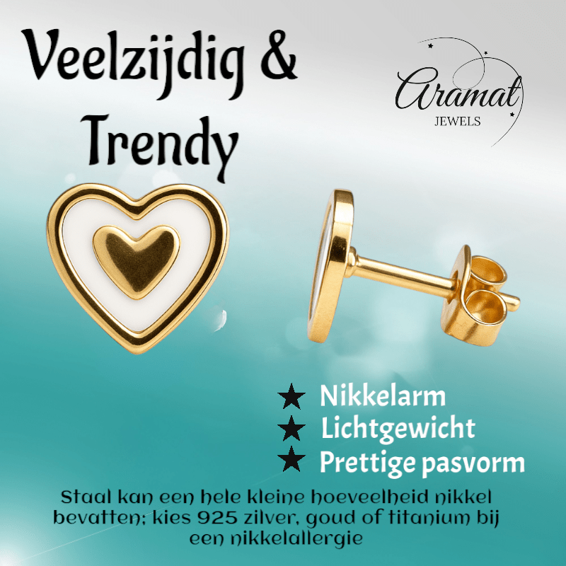 Goudkleurige hartjes oorbellen met wit emaille - oor6076 - Oorbellen kopen# - 6mm - alles - cadeau